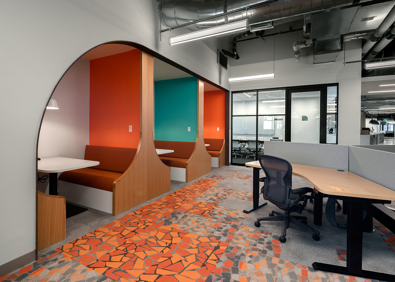 Cambridge based Thrive meeting booths brand incorporation bright colored offices
